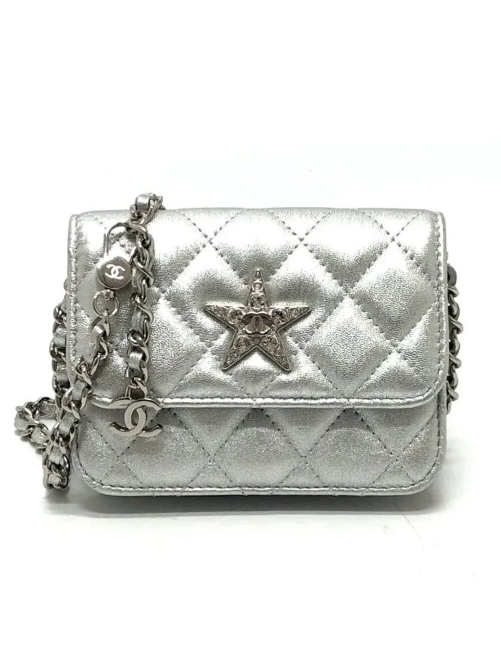 Chanel Shoulder Bag Star Rhinestone Leather Silver